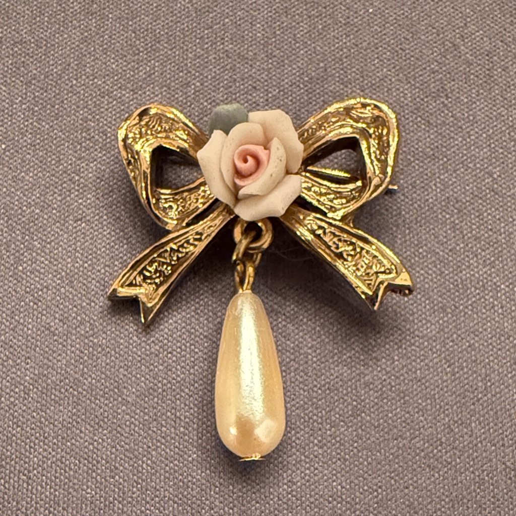 Vintage Gold Bow Brooch With Pink Rose And Pearl Drop